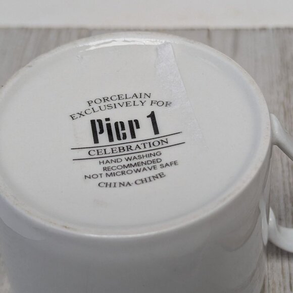 Vintage Pier 1 CELEBRATION Flat Coffee Tea Cups Porcelain Gold Trim Set of 4 - Picture 8 of 8